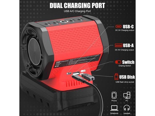 ohyes Bluetooth Speaker Compatible with Milwaukee 18V Battery Packs with USB-A/C Charging for Jobsite Camping & Parties (Battery not Included)