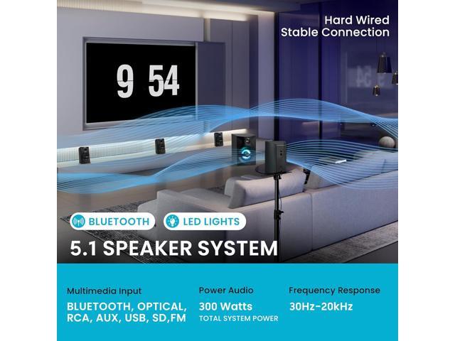 Goldwood Bluetooth 5.1 Surround Sound Home Theater Speaker System with LED Display, FM Tuner, USB/SD Inputs - 6-Piece Set with Remote Control, Black