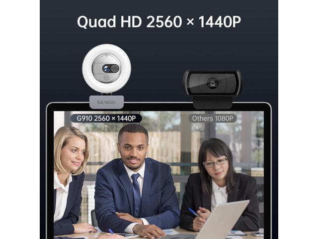 GUSGU G910 2K Quad HD Webcam for PC, with Microphone & Light & Privacy Cover, Web Camera for Desktop Computer/Laptop/MacBook, USB Streaming Camera
