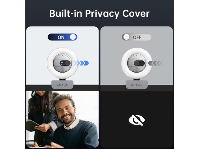 GUSGU G910 2K Quad HD Webcam for PC, with Microphone & Light & Privacy Cover, Web Camera for Desktop Computer/Laptop/MacBook, USB Streaming Camera