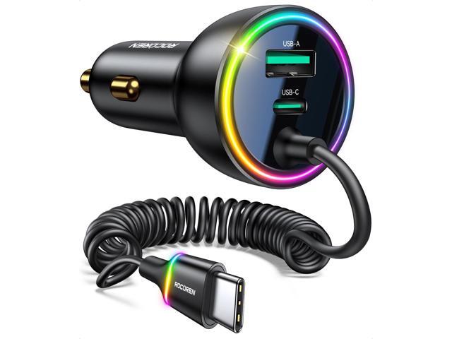 Rocoren 70W Car Charger for iPhone 16/15 Pro Max, USB C Car Charger Fast Charging with 5.2Ft Type C Coiled Cable, Super Fast USBC Phone Cigarette...