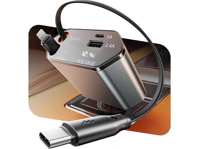 GUSGU 100W Retractable Car Charger, 4-in-1 Fast Car Phone Charger Featuring a 2.6ft Retractable Cord, with Lightning and USB-C Cable Car Charger...