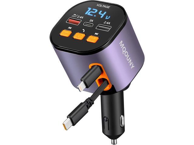 Retractable Car Charger,5 in 1 Fast Car Phone Charger 90W,Bluetooth 5.3 FM Transmitter Adapter,Handsfree Call,2 Retractable Cables and USB Cars...