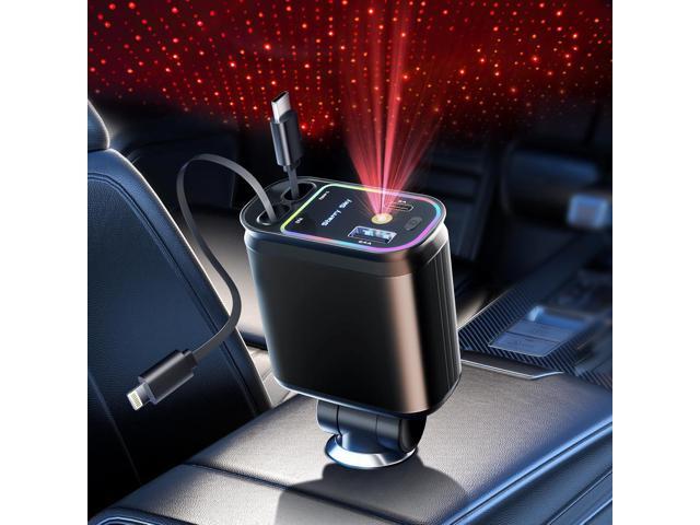 Retractable Car Charger with Starlight, 66W Starlight in Car roof 4 in 1 Retractable Car Phone Charger Adapter, Fast Charging USB C Cable,...