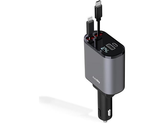 AutoSky 4-in-1 Retractable Fast Charger, for Cars: 100W Car USB-C & iPhone Cable, USB-C/A Ports - Compatible with iPhone, Galaxy, Pixel and More.