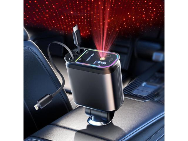 Retractable Car Charger with Starlight, 66W Starlight in Car roof 4 in 1 Retractable Car Phone Charger Adapter, Fast Charging USB C Cable,...