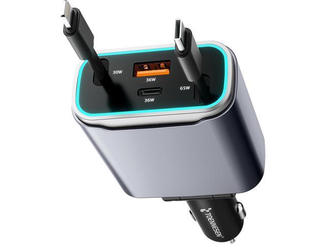 Retractable Car Charger USB C 131W 4-in-1 Fast Charging with 2 Retractable Cables Car Phone Charger Adapter for iPhone 16 15 14 13 Fast Charge Car...