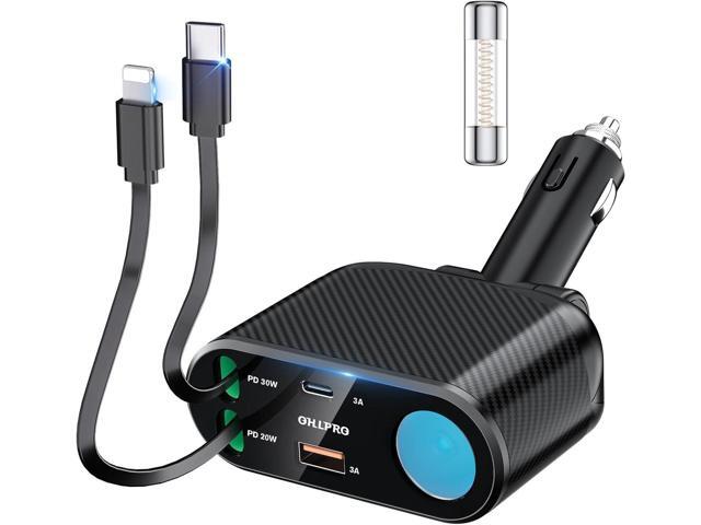 OHLPRO Retractable Car Charger Cigarette Lighter Adapter, 168W 5 in 1 Fast Phone Charging Built-in Replaceable Fuse, Socket Splitter with USB C and...