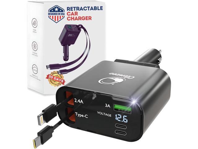 Upgraded Retractable Car Charger 5 in 1 Fast Car Phone Charger 2 Retractable Cords (Type-C & iOS) with Additional 3 Ports Charge 5 Devices ...