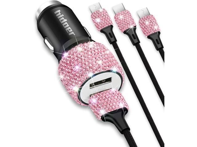 Bling USB Car Charger 5V 2.4A Pink Crystal Decor Dual Port Fast Adapter with 4ft Nylon Type C Micro USB 3 in 1 Multi Charging Cable for iPhone iPad...