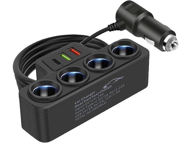 Multi-Function Cigarette Lighter Splitter, Cell Phone Car Charger, 4 Cigarette Lighter Sockets, 1 PD Fast Charger Port 2-Port USB Power Adapter for...