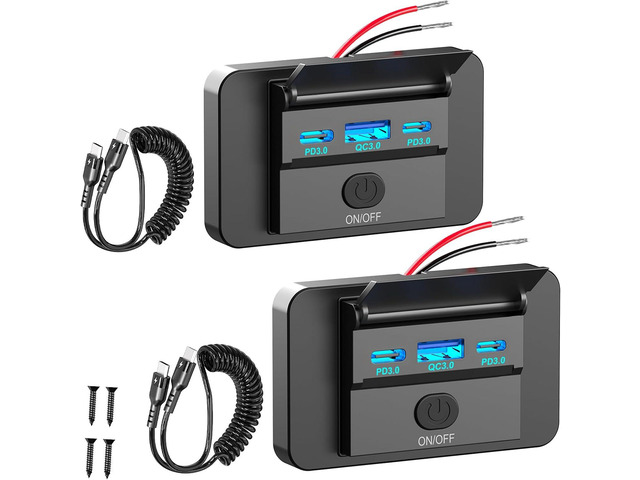 2 Pack 90W 12 Volt USB Outlet Panel Wall Mount Ouffun Dual 36W PD & QC3.0 18W Car USB Port Charger Socket with Dual 65W USB C Cable for Car Bus RV...