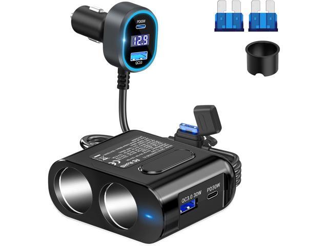 Cigarette Lighter Splitter 12V Plug 2-Socket with PD 65W Port, Car USB Charger Multi Port 300W 12V/24V Adapter with Voltage Display and 15A Fuse...