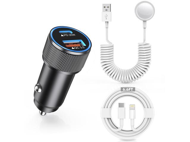 38W Car Charger for Apple Watch,Fast USB C Car Charger PD & QC3.0 Dual Port Charging Adapter,6 Foot USB-C to Lightning Cable with iWatch Cord Fast...