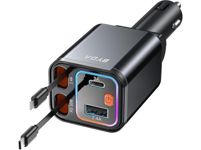 4 in 1 Retractable Car Charger,69W USB-C Fast Car Charger with Starry Light, for iPhone16/15/14/13/12,Cigarette Lighter Charger (Grey, for...