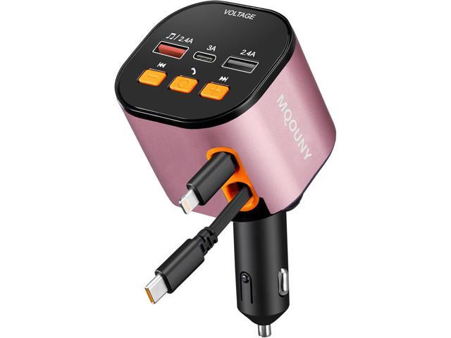 Retractable Car Charger,5 in 1 Fast Car Phone Charger 90W,Bluetooth 5.3 FM Transmitter Adapter,Handsfree Call,2 Retractable Cables and USB Cars...