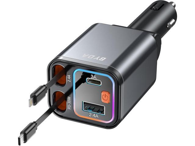 4 in 1 Retractable Car Charger,69W USB-C Fast Car Charger with Starry Light, for iPhone16/15/14/13/12,Cigarette Lighter Charger (Grey, for Type...