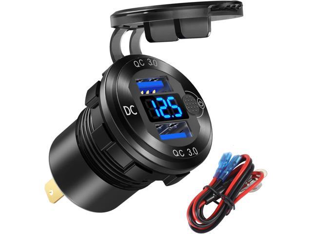12V/24V USB Outlet Quick Charge 3.0 Dual Port Car Charger Socket with Blue Voltmeter, Waterproof Aluminum Cigarette Lighter USB Charger DIY Kit for...