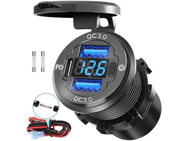 78W Triple-Port 12V USB Outlet with Voltmeter & Switch - Dual PD3.0 & QC3.0 Quick Charge Car Charger Socket, Aluminum Alloy Waterproof USB C Port...