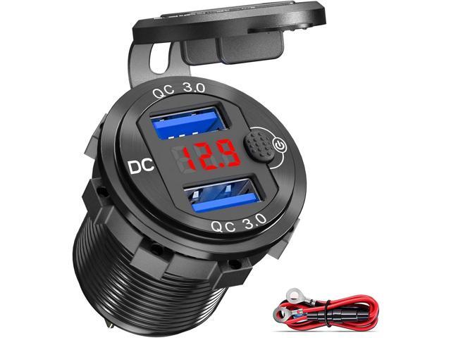 [Upgraded Version] Quick Charge 3.0 Dual 12V USB Car Charger, Aluminum Socket with Red Digital Voltmeter, Waterproof Car Outlet with Power Switch.