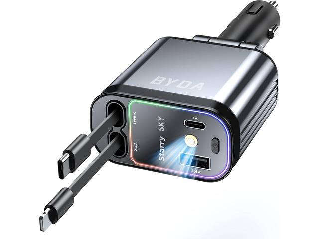 Fast Car Charger 4 in 1 Retractable Car Charger 69W with Starry Light,USB-C Fast Car Accessories,Compatible with All iPhones All Android Phones...