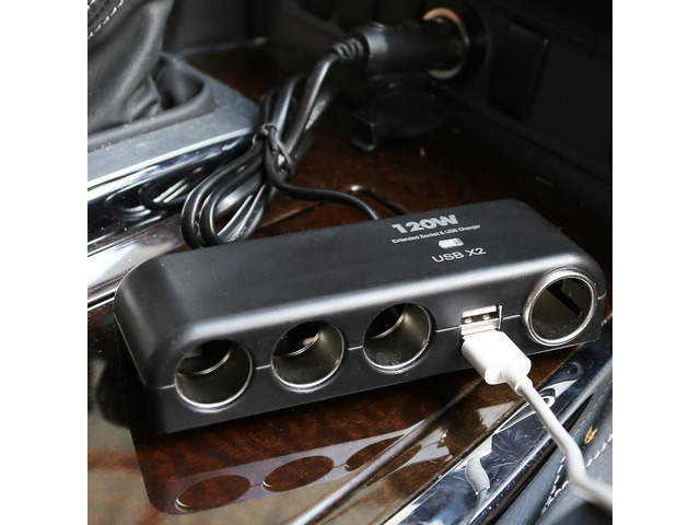 4 Way Car Charger Splitter Power Adapter with Multi Socket Dual USB 12V-24V Plug Charger for iPhone iPad Samsung GPS Dashcam