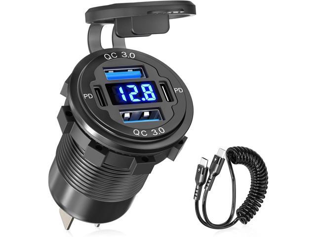 78W 12V USB Outlet Qidoe 4 Port Dual 30W PD & Dual Quick Charge 3.0 Aluminum12V Car Charger Socket with VoltmeterC to C Cable Coiled 3FT Cord for...