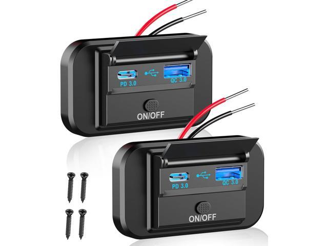 Qidoe PD 20W Type-C and 18W QC3.0 USB Port Surface Mount Car Charger Socket with Button Switch, Waterproof 12V Panel for Car, RV, ATV, Truck,...
