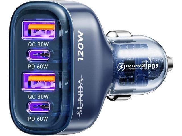 SUNDA 120W USB C Fast Car Charger, 4-Ports Car Charger Adapter, Dual Type C PD60W/PPS60W Compatible with...