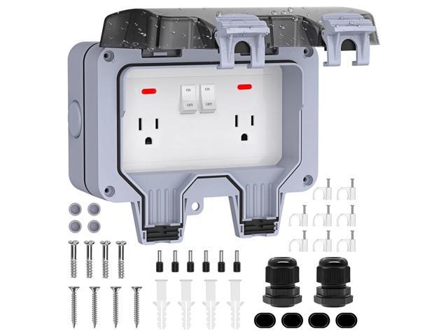 Double Outdoor Outlet with Cover IP66 Waterproof Outdside Plug Socket Weatherproof Exterior Wall Electrical Box with Switch Indicator Light...