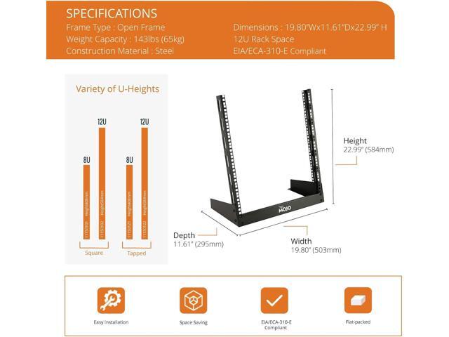 Tecmojo 2 Post 12U Desktop Server Rack Small Open Frame Rack for 19in AV/Data/Audio/Studio Equipment Free Standing Home/Office Rack,Square Hole