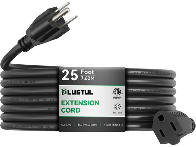 PLUGTUL Outdoor Extension Cord 25 FT Waterproof, 16/3 Gauge Black Heavy Duty 3 Prong Extension Cord, 13A 1625W SJTW, ETL Listed, Great for Garden...