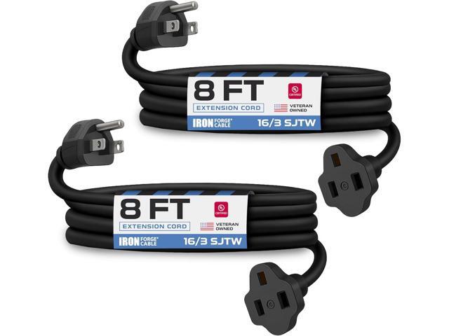 Iron Forge Cable 2 Pack 8 Ft Black Extension Cord, 16/3, 8 Foot Extension Cord, 3 Prong, Weatherproof - Great for Outside Use