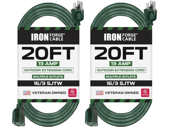 Iron Forge Cable 2 Pack Weatherproof 20 Ft Outdoor Extension Cord - 16/3 SJTW Heavy Duty Green Extension Cord 3 Prong - 13 Amp Exterior Power Cable