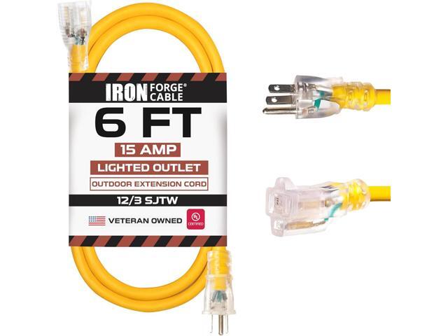 IRON FORGE CABLE 6 Foot Lighted Outdoor Extension Cord - 12/3 SJTW Heavy Duty Yellow Extension Cable with 3 Prong Grounded Plug for Safety, 15 AMP...