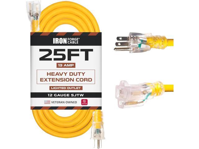 IRON FORGE CABLE 25 ft Lighted Outdoor Extension Cord - 12/3 SJTW Heavy Duty Yellow Extension Cable Extension Cable with 3 Prong Grounded Plug for...