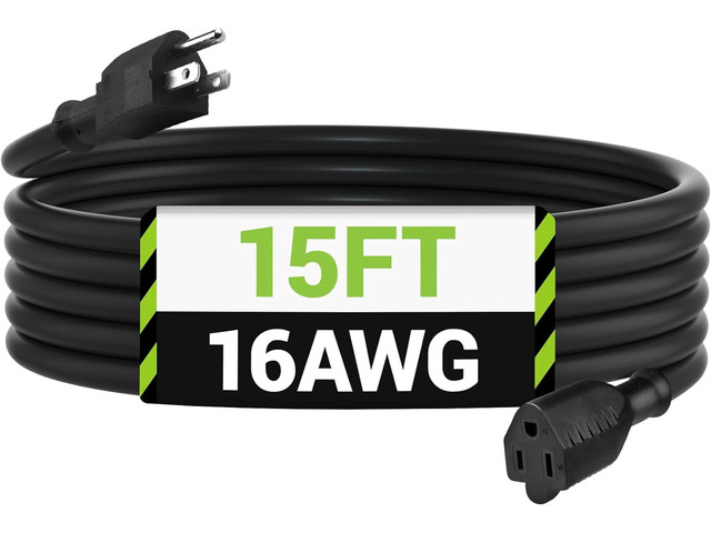 BN-LINK 15 ft Indoor/Outdoor Extension Cord 16/3 SJTW, Black, Water & Weather Resistant, 3-Prong Grounded Plug for Landscaping & Holiday...