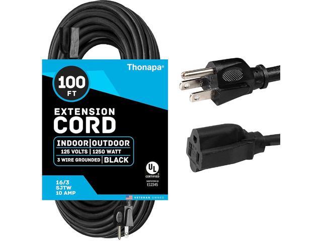 100 ft Outdoor Extension Cord, 16/3 SJTW Black Extension Cord 100 Foot 3 Prong, Weatherproof Exterior Power Cable for Outside Lights & Lawn, UL...