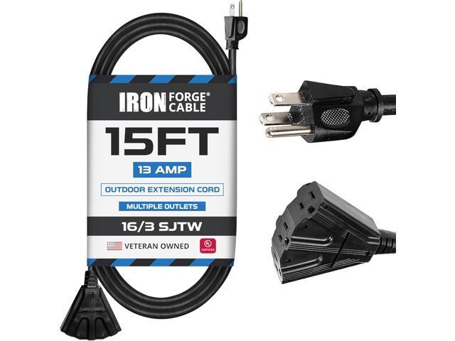 Iron Forge Cable 15 Ft Black Extension Cord with 3 Outlets - 16/3 SJTW 15 Foot 3 Outlet Outdoor Extension Cord 3 Prong, Weatherproof Exterior Power...