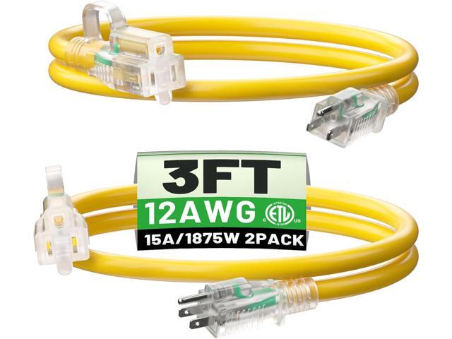 2 Pack 3 ft 12/3 Outdoor Extension Cord Waterproof Heavy Duty with Lighted Indicator End 12 Gauge 3 Prong, Flexible Cold-Resistant Long Power Cord...