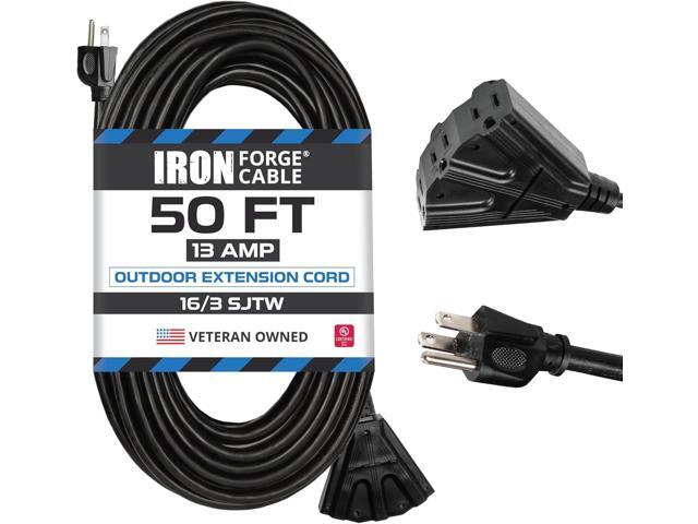 Iron Forge Cable 50 Ft Black Extension Cord with 3 Outlets - 16/3 SJTW 50 Foot Extension Cord 3 Prong, Weatherproof Exterior Power Cable for Outdoor