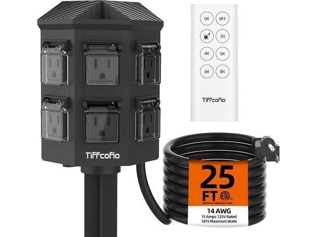 Outdoor Power Strip with 25FT Extension Cord, Remote Control Dusk to Dawn Light Timer Waterproof, 6 Grounded Outlets for Halloween Inflatables and...