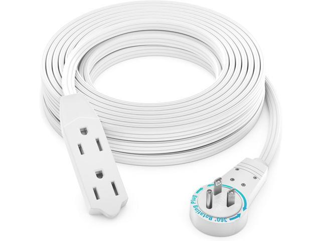 Maximm Cable 25 Ft 360° Rotating Flat Plug Extension Cord/Wire, 16 AWG Multi 3 Outlet Extension Wire, 3 Prong Grounded Wire - White - UL Certified