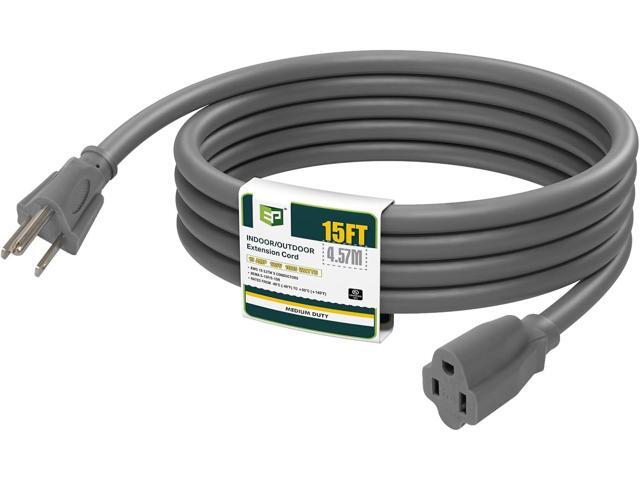 EP 15 Ft Outdoor Extension Cord - 16/3 SJTW Gray Electrical Cable with 3 Prong Grounded Plug, UL Listed