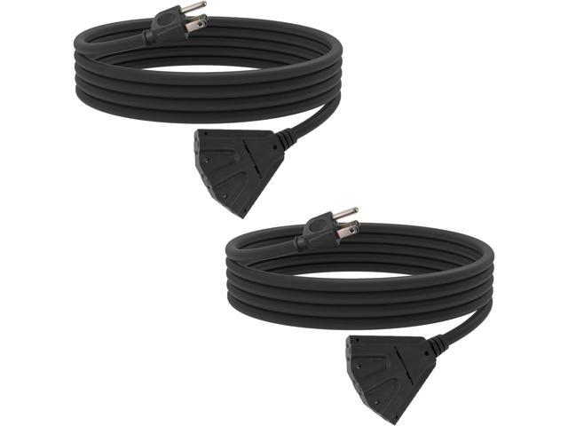 2 Pack 10 Ft Outdoor Extension Cord with 3 Electrical Power Outlets - 16/3 SJTW Black Cable with 3 Prong Grounded Plug