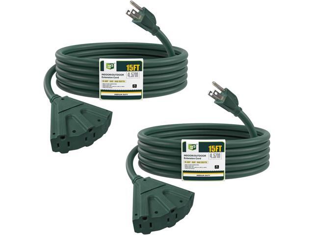 EP 2 Pack 15 Ft Outdoor Extension Cord with 3 Electrical Power Outlets - 16/3 SJTW Green Cable with 3 Prong Grounded Plug for Safety Great for...