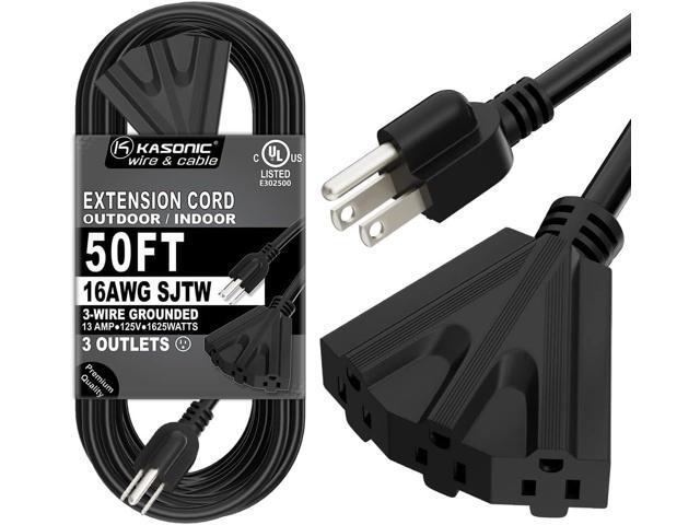 K KASONIC - 50 Ft Extension Cord with 3 Outlets, UL Listed 16/3 SJTW 3-Wire Grounded, 13A 125V 1625W for Indoor/Outdoor Use - Black