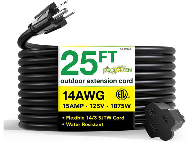 Go Green Power Inc. GG-13825BK - 14/3 SJTW Outdoor Extension Cord, Black, 25 ft