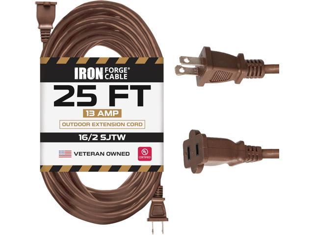 Iron Forge Cable 2 Prong Outdoor Extension Cord 25 ft, 16/2 SJTW 25 Foot Brown Extension Cord, Weatherproof - Great for Outdoor Lights, Deck, Patio