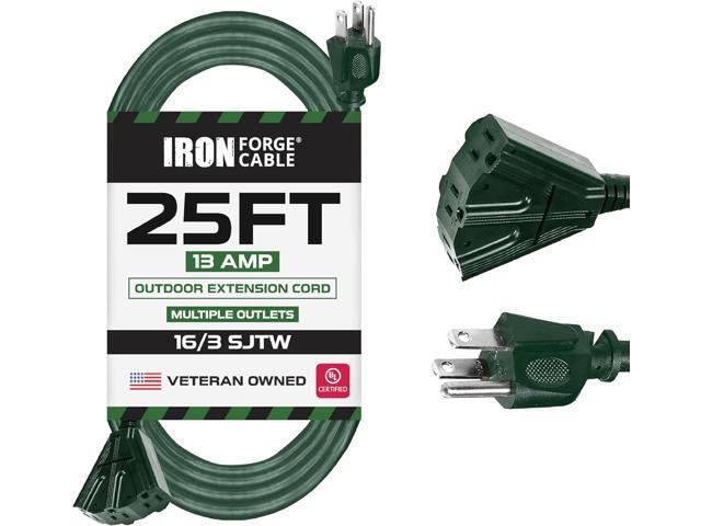 IRON FORGE CABLE 25 Foot Outdoor Extension Cord with 3 Electrical Power Outlets - 16/3 SJTW Durable Green Extension Cable with 3 Prong Grounded...